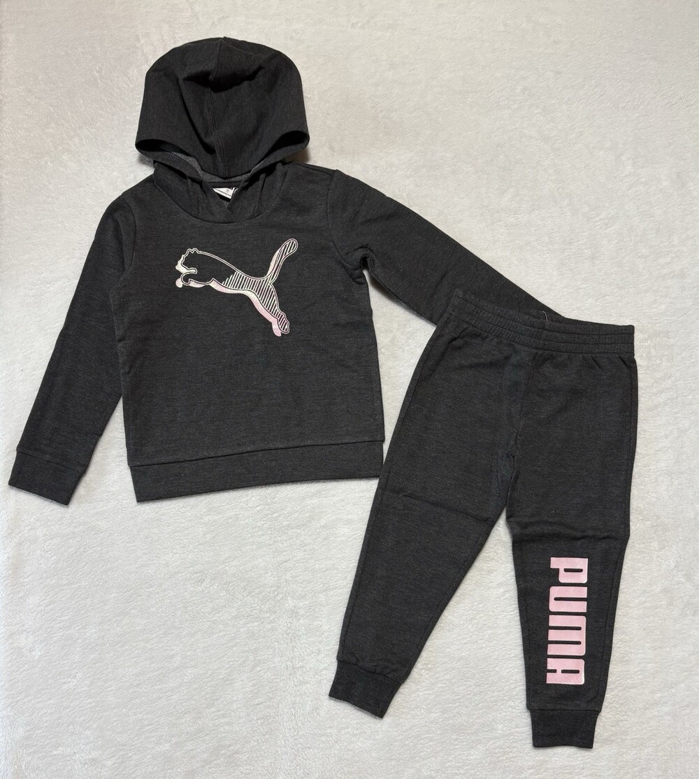 Puma Sweatshirt Pants Set Kids Girls 5 Grey 2 Piece Outfit Hooded Pullover New